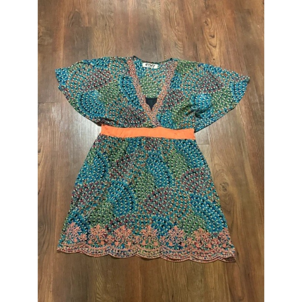 Envy Mini Dress Medium Blue Green Orange Boho Butterfly Sleeve Smocked Waist